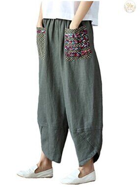 Linen Baggy Wide Leg Harem Pants Elastic Waist Casual